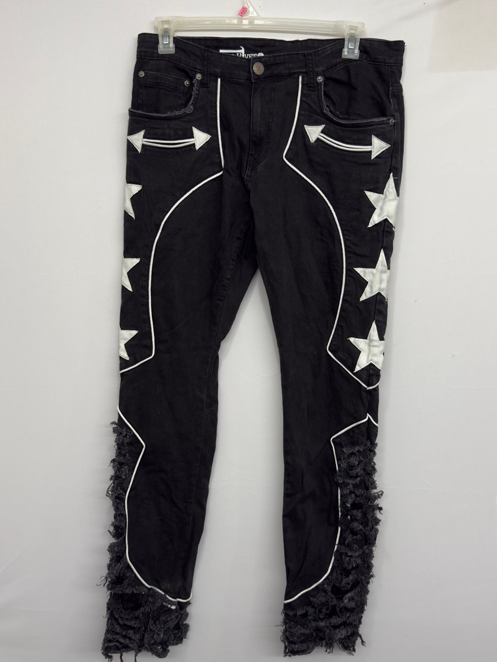 Copper Rivet Mens 34 Country Western Black White Stars Jeans Distressed Stacked